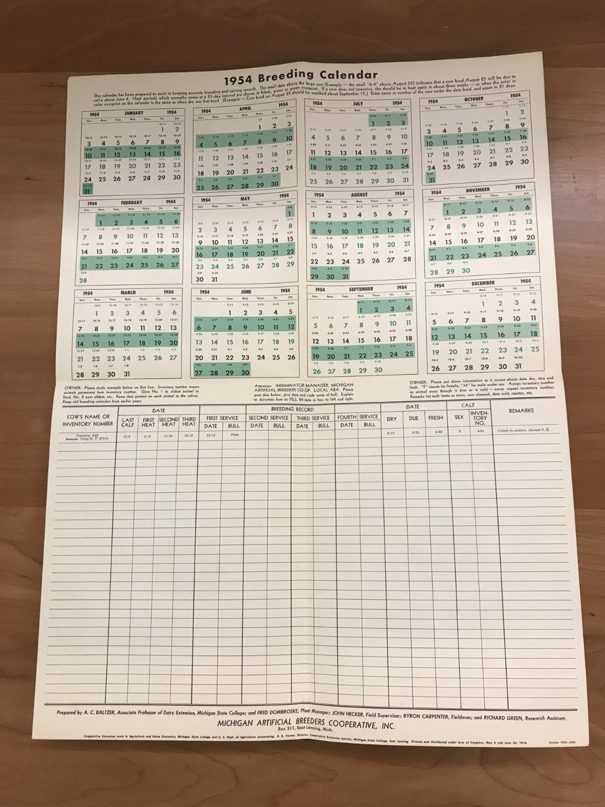 1954 Michigan State College – MABC Breeding Calendar