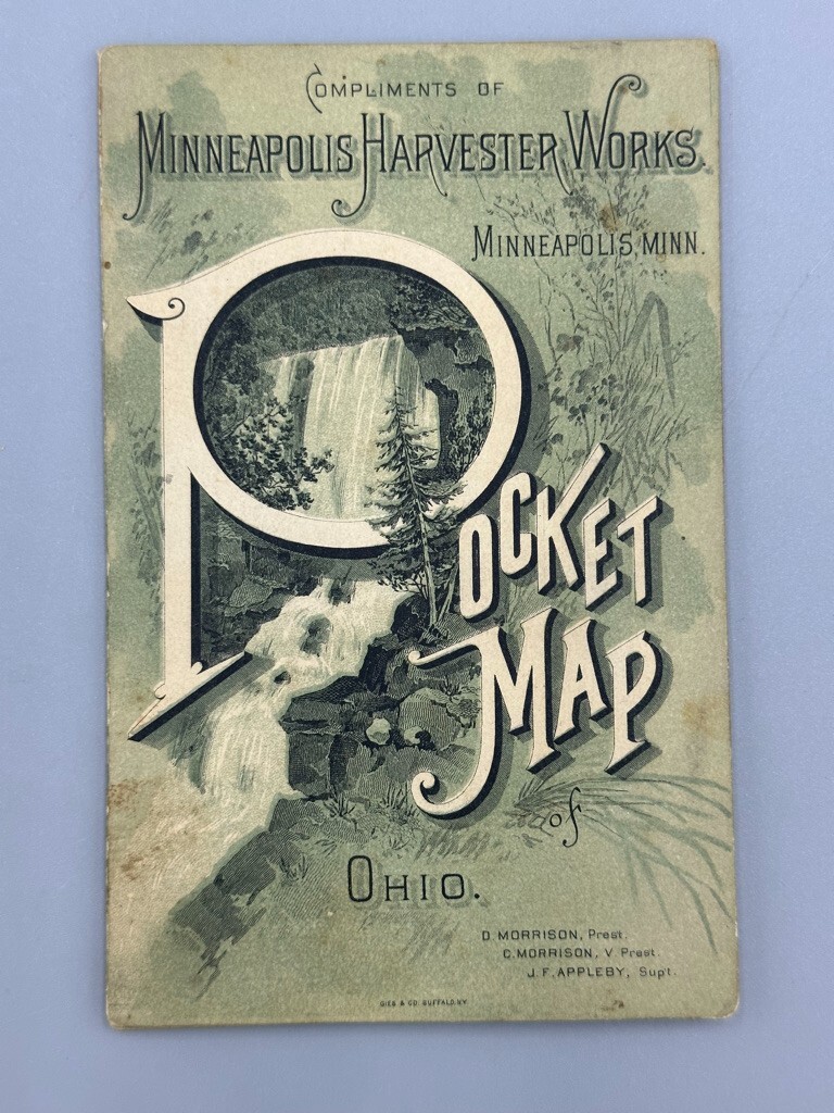 1886 MINNEAPOLIS HARVESTER WORKS MN Farm Advertising OHIO POCKET MAP Antique