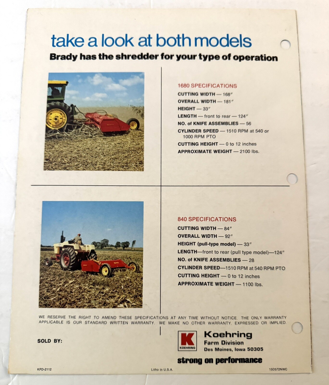 Vtg Farm Equip. 1978 Koehring Brady Multi Crop Shredders Dealer Sales Brochure