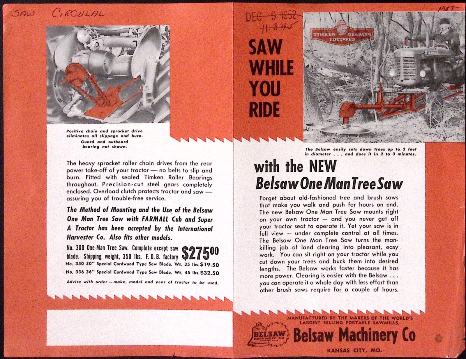 1952 Belsaw Machinery Co One Man Tree Saw Timken Bearing Equipped Brochure