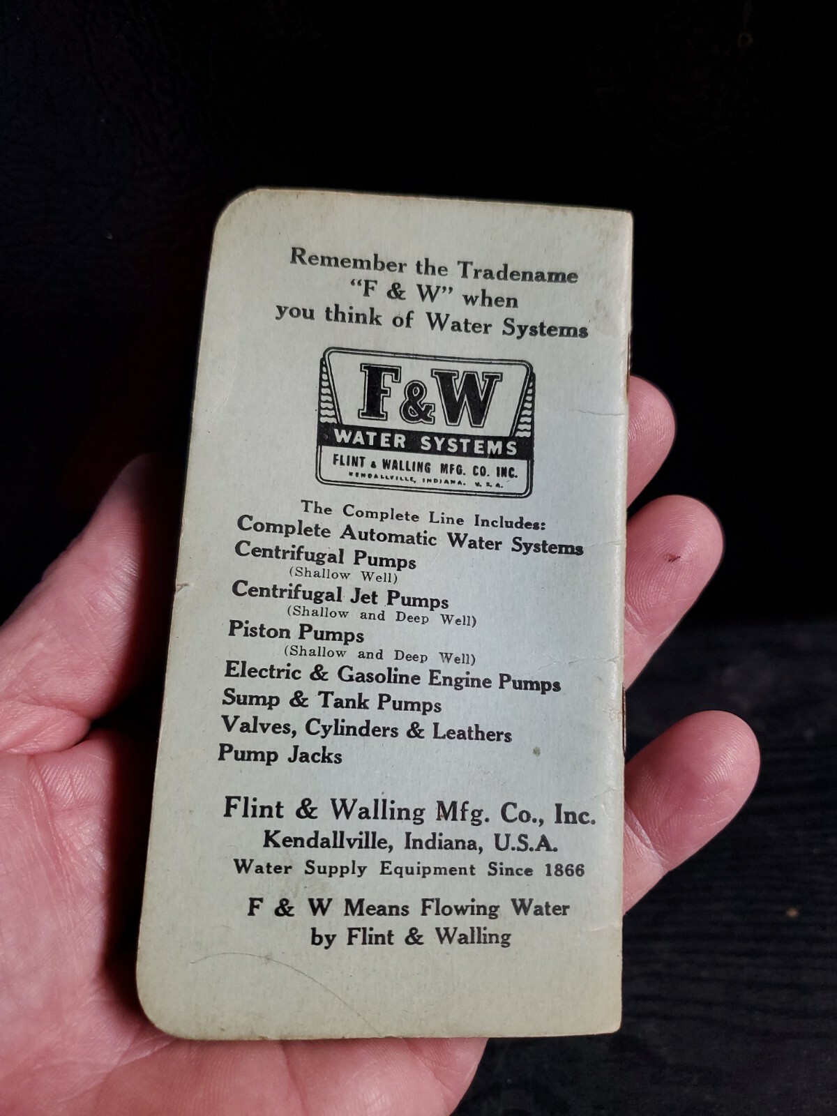 1956 Advertising Pocket Note Pad Flint & Walling Mfg. Co. Kendallville, Ind.