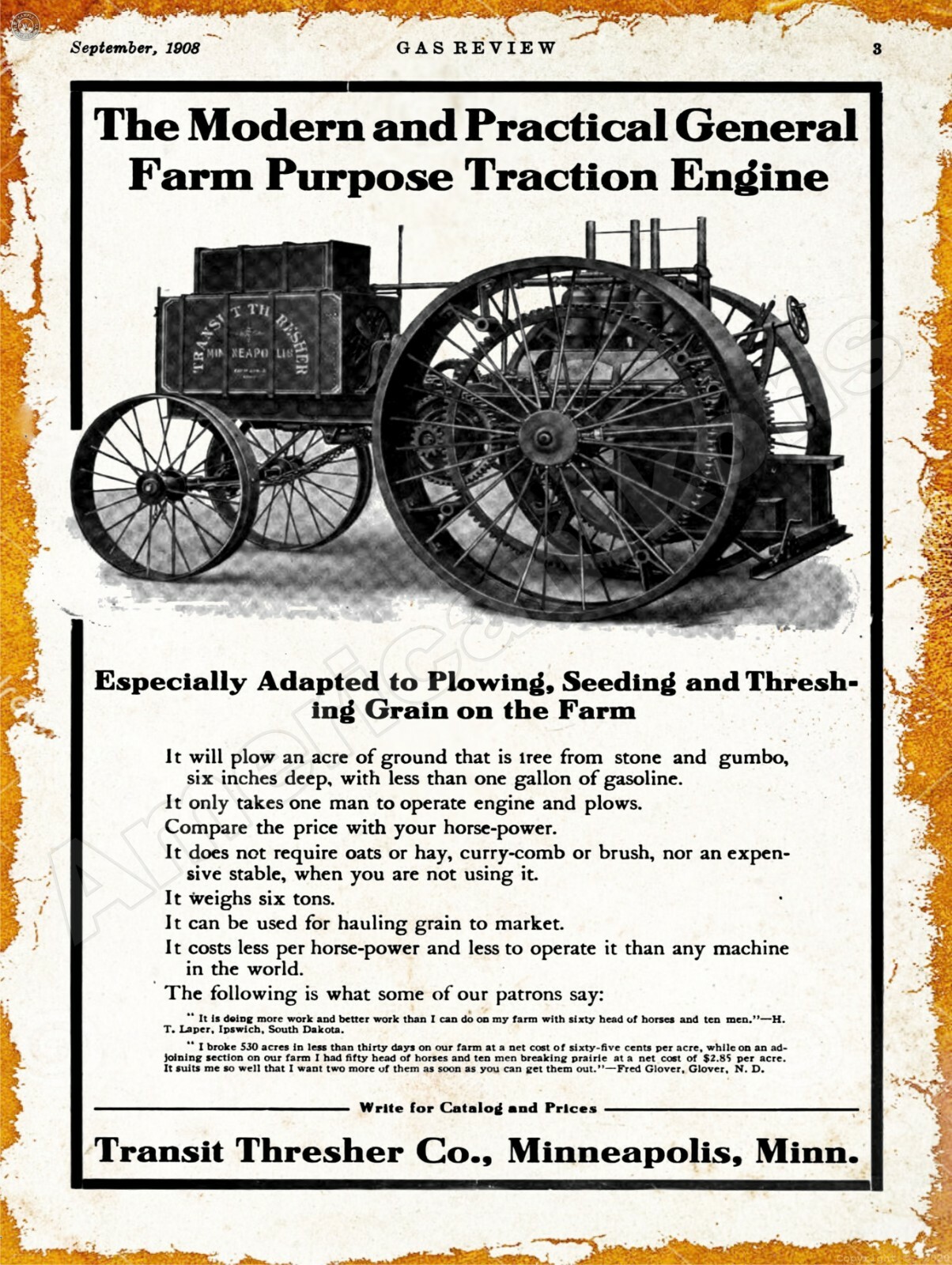 1908 Transit Thresher Co. New Metal Sign: Minneapolis, Minnesota