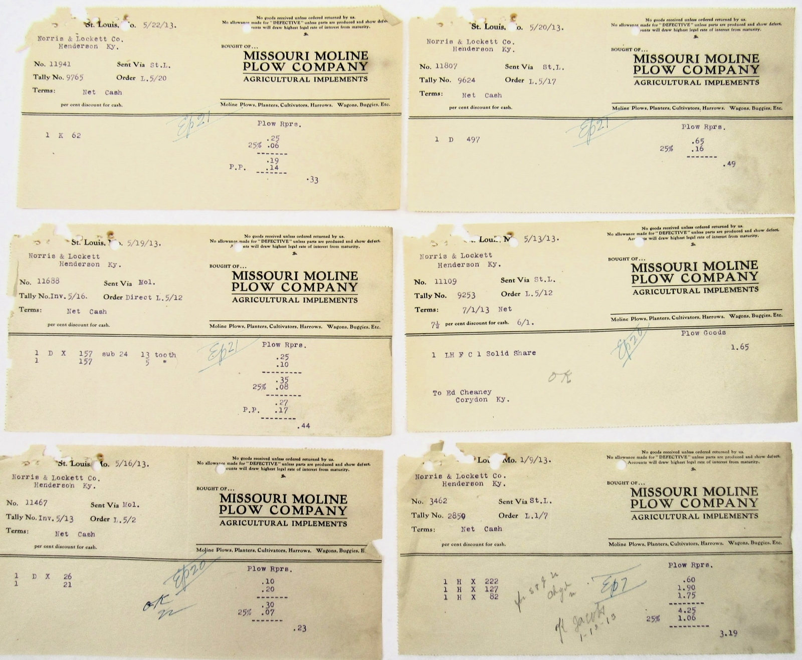 1913 Missouri Moline Plow Company Lot Billheads Norris Lockett Henderson KY