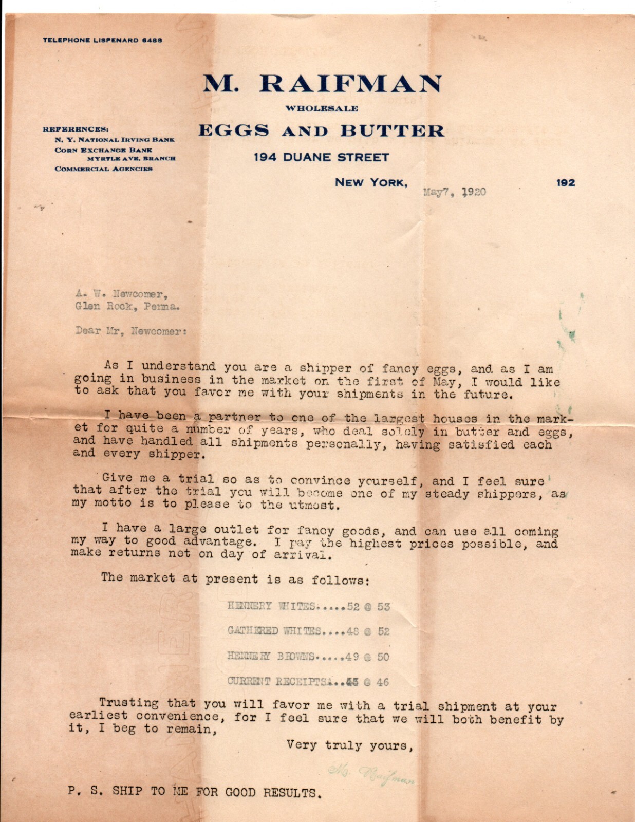 M. Raifman Eggs & Butter 1920 Letterhead / Cover / 2 cards