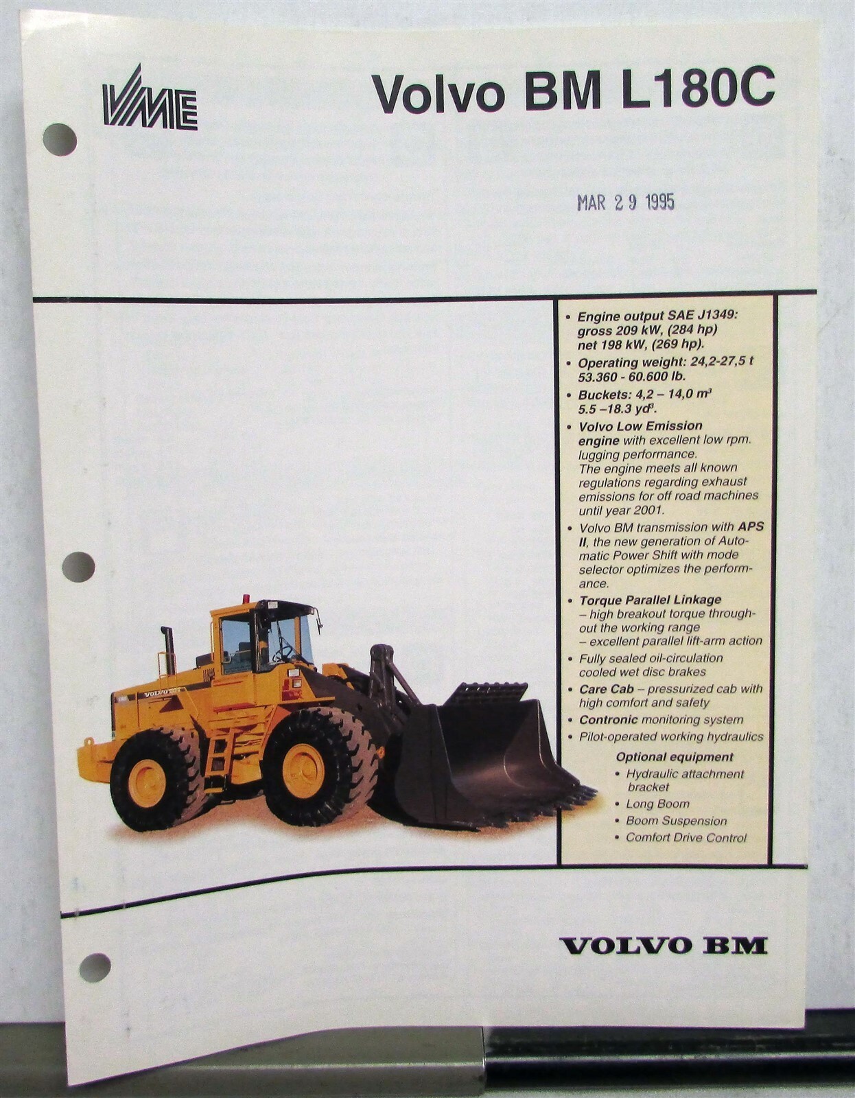 1995 VOLVO BM L180C Specifications Construction Sales Tri-Folder