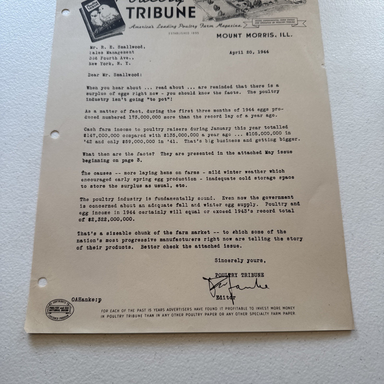 Poultry Tribune Poultry Farm Magazine Mount Morris Illinois 1944 Sales Letter
