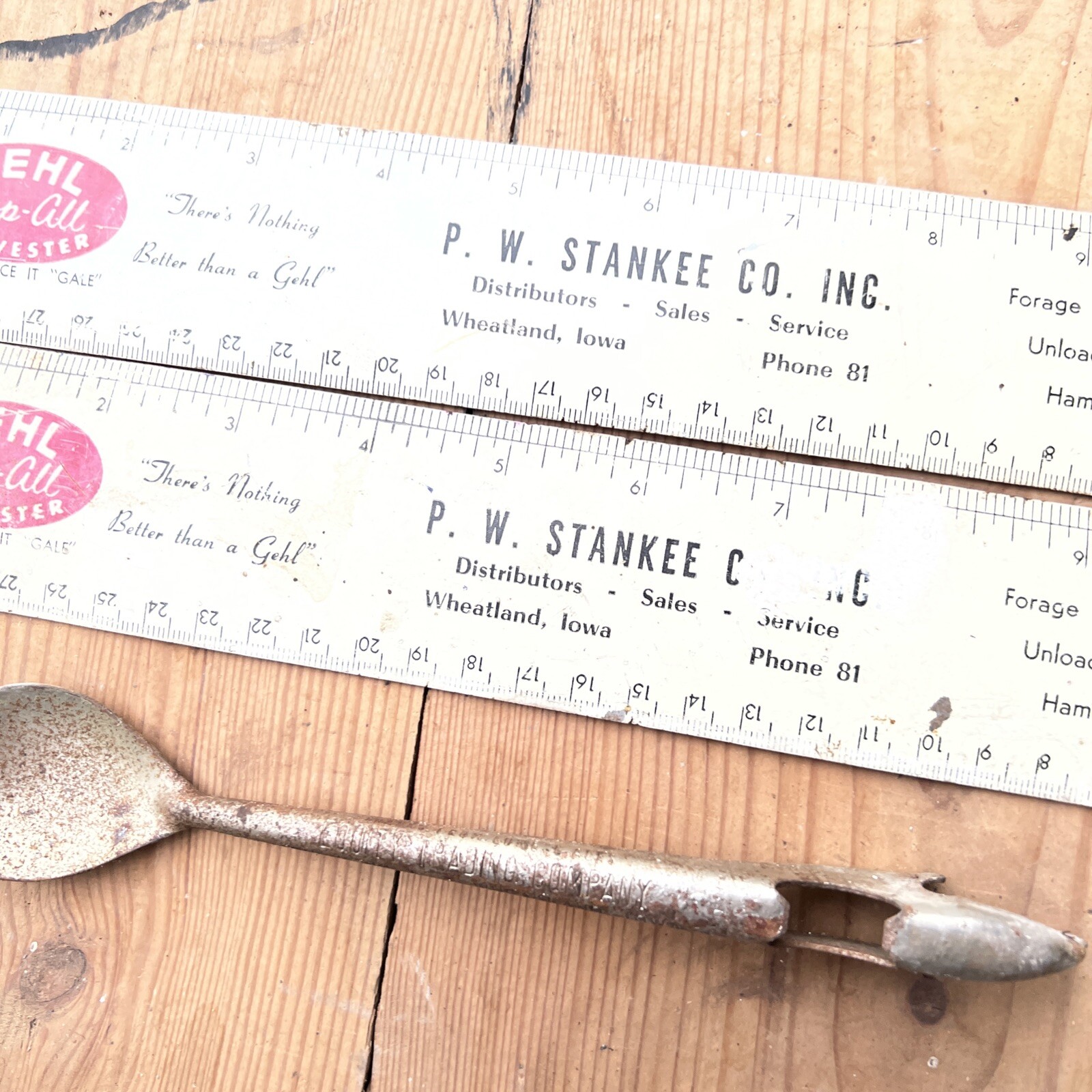 Advertising Wheatland, IA Gehl Hammer Mill Ruler Stanley Co Equity Trading Spoon