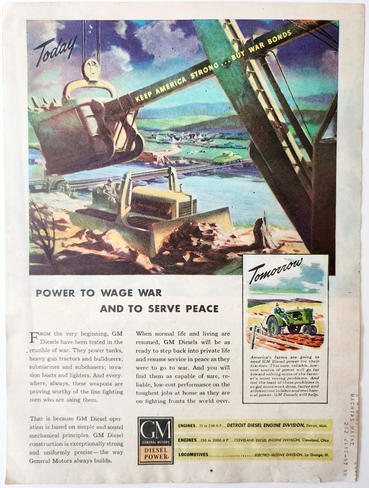 1944 GM Diesel Power Advertisement WW2 Era Industrial Agriculture War Bond DWP7A