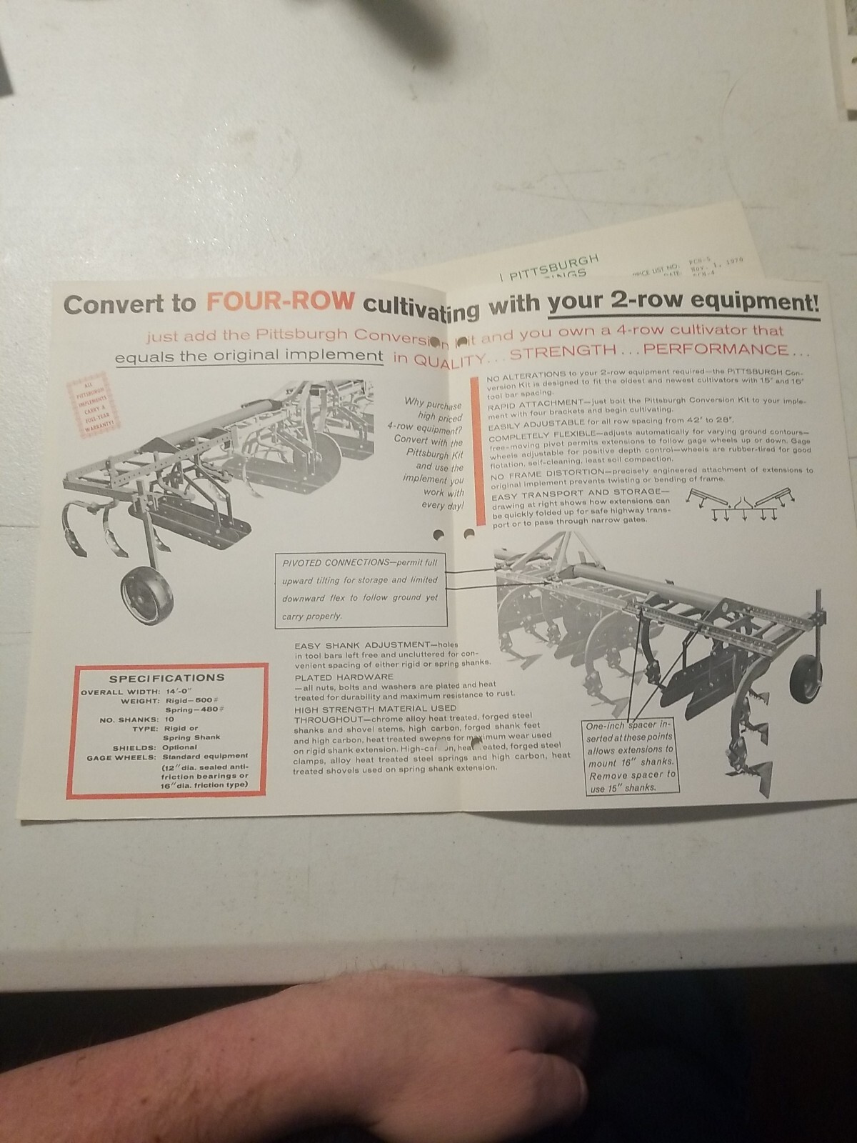 1970 PITTSBURGH FORGINGS CO. 4 ROW CULTIVATOR CONVERSION BROCHURE & PRICE LIST