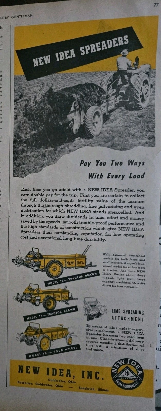 1946 New Idea Model 12 14 And 10 Farm equipment spreader vintage ad