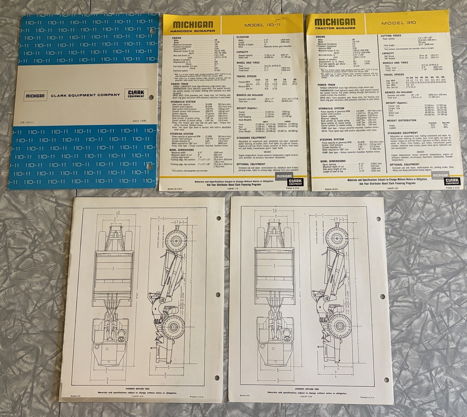 5 1958-1970 MICHIGAN CLARK HANCOCK TRACTOR SCRAPER SALES BROCHURES 110-11 310 +