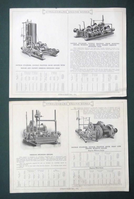 antique STROUDSBURG ENGINE CATALOG LEAFLETS pa SPUD ORANGE PEELER SWING LOGGING