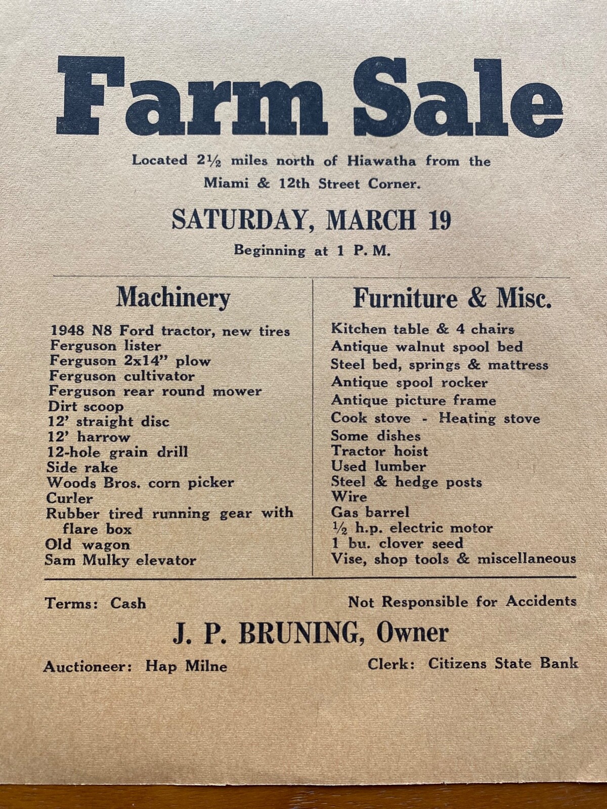 Vintage FARM SALE Advertising Poster Flyer Hiawatha Kansas Machinery Furniture