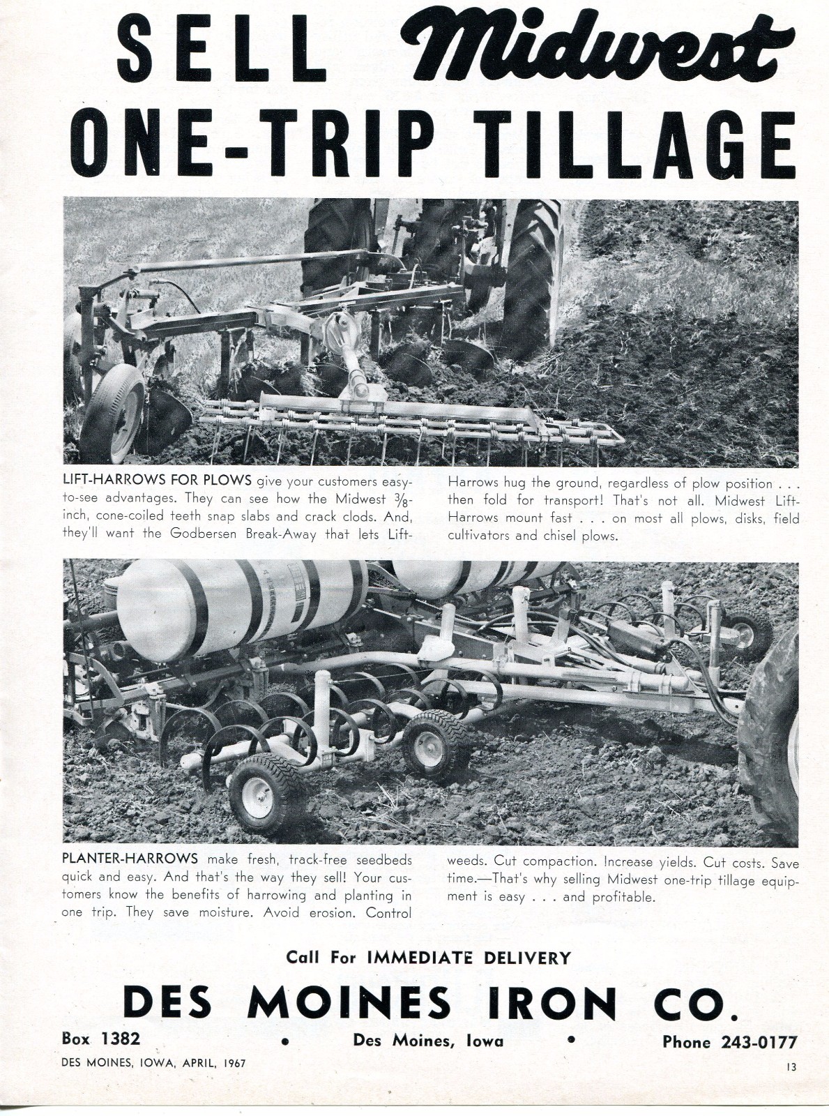 1967 Dealer Print Ad of Des Moines Iron Co Midwest Tractor Lift & Planter Harrow