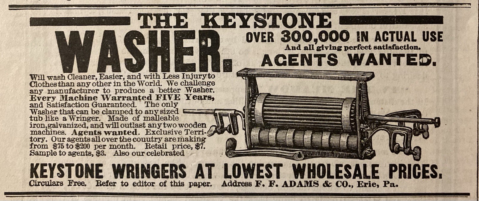 1882 AD.(XH84)~F.F. ADAMS CO. ERIE, PA. KEYSTONE WASHER WRINGERS