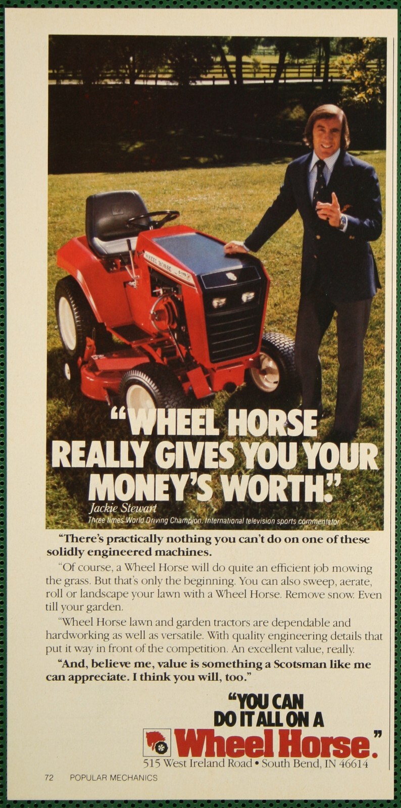 Wheel Horse Lawn Garden Tractor Mower Money’s Worth Jackie Stewart 1980