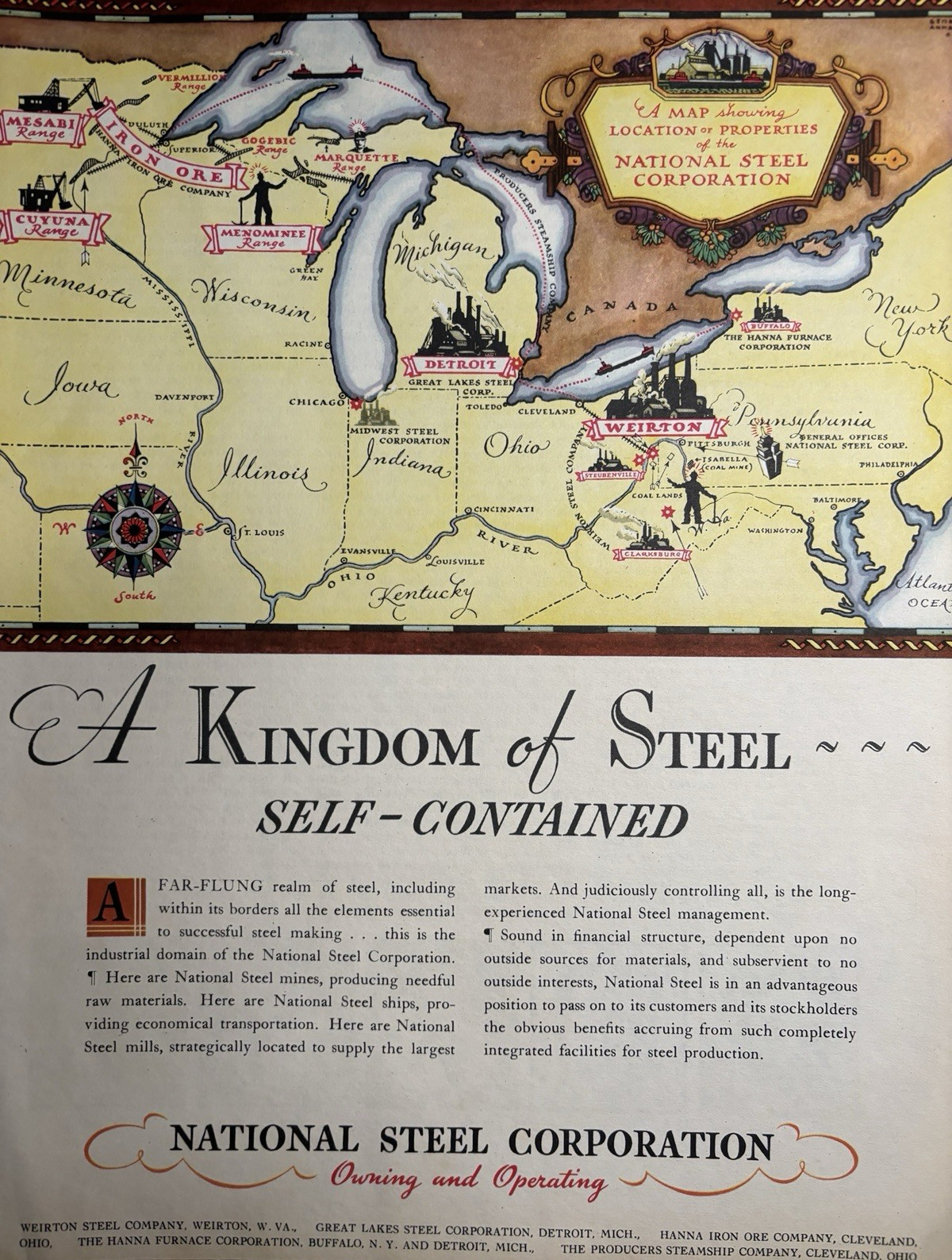 1930s National Steel Corporation Ships Self Contained Map Kingdom VTG Print Ad