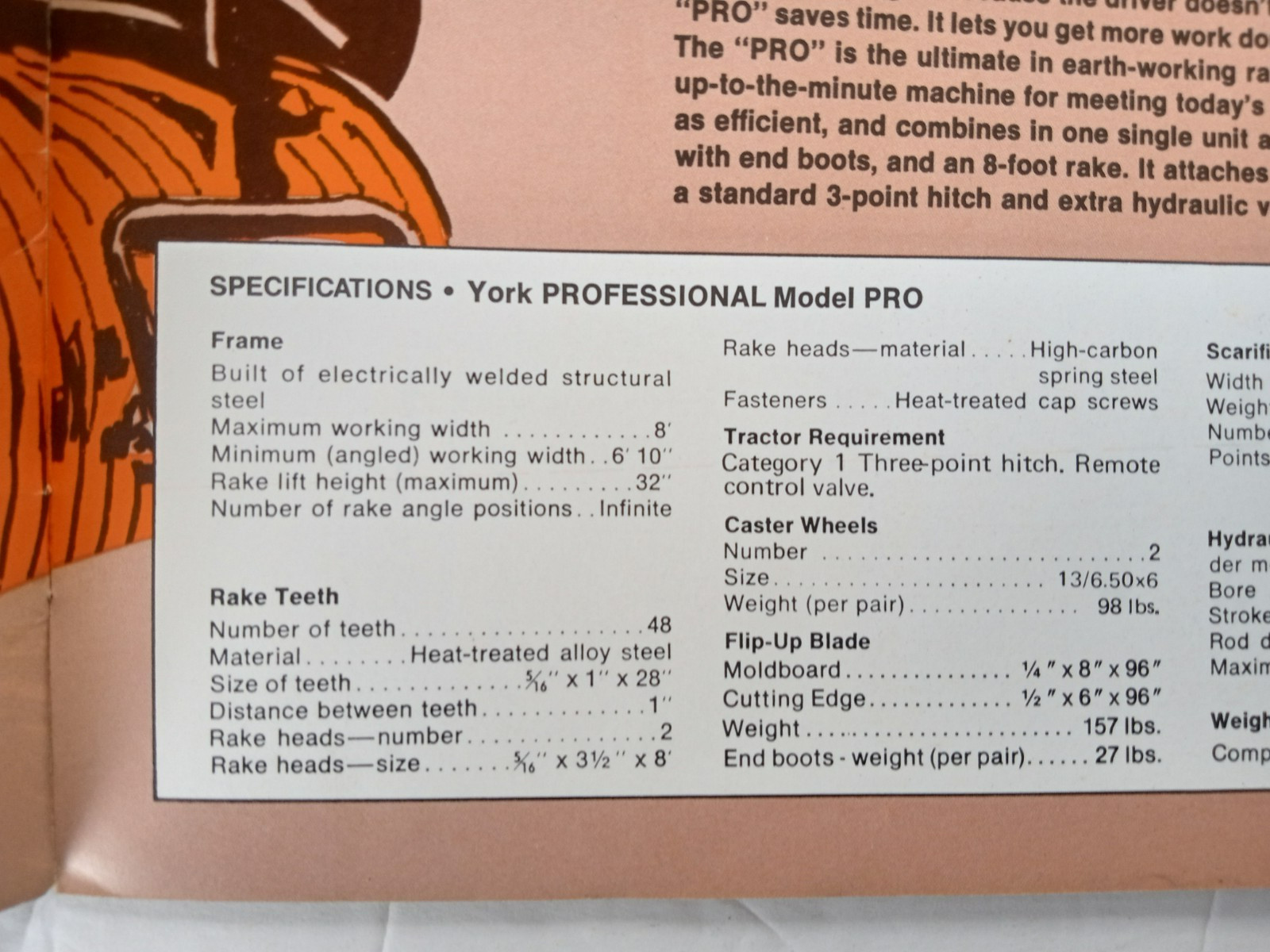 YORK RAKES Sales Brochure Models PRO RE RS TA1 TA2 RW Catalog 1970&rsquo;s