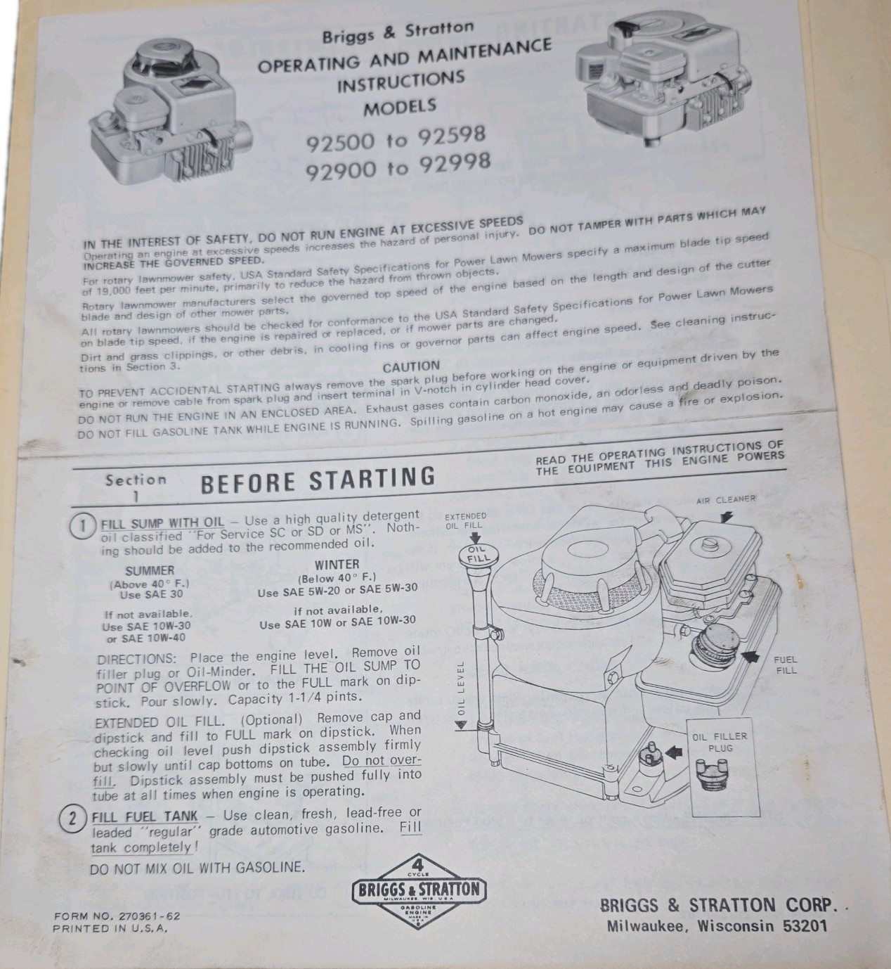 Briggs & Stratton Gasoline Engines Model 92500 to 92598 Operating Instructions