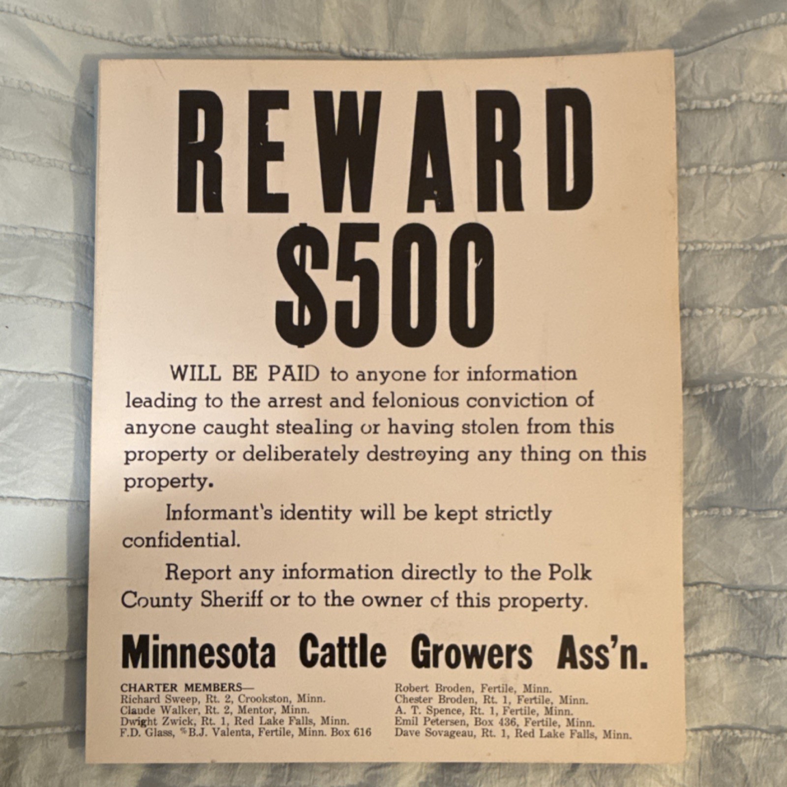 Minnesota Cattle Growers Ass&rsquo;n $500 Reward Agriculture Sign