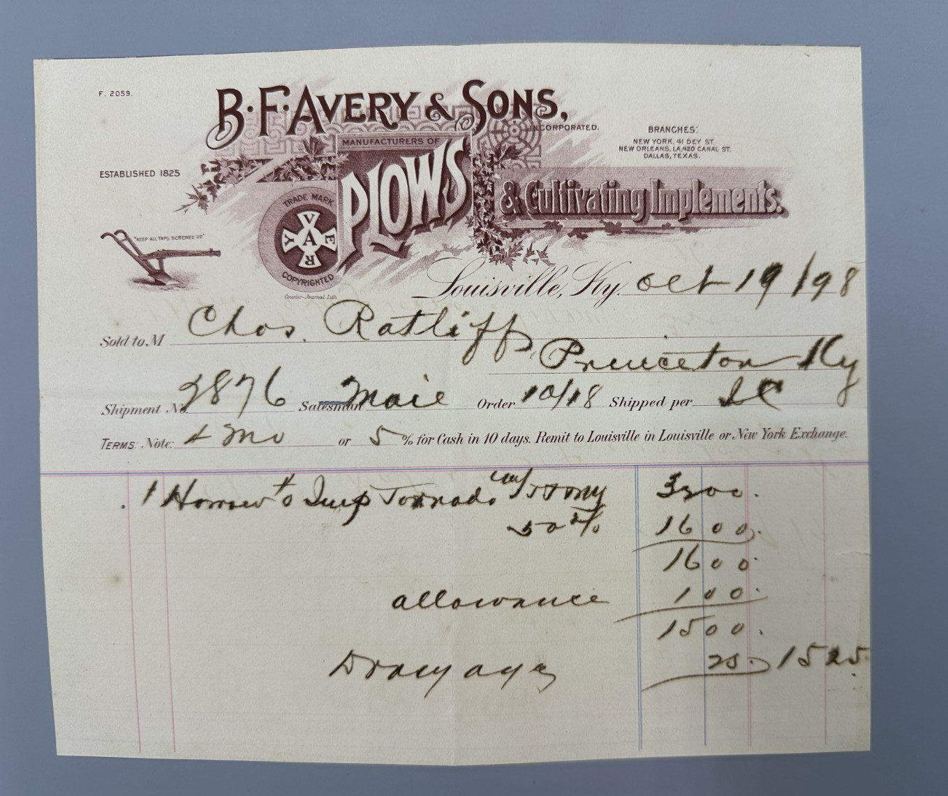 1898 BF AVERY PLOWS Antique Receipt Bill FARM Advertising LOUISVILLE KY
