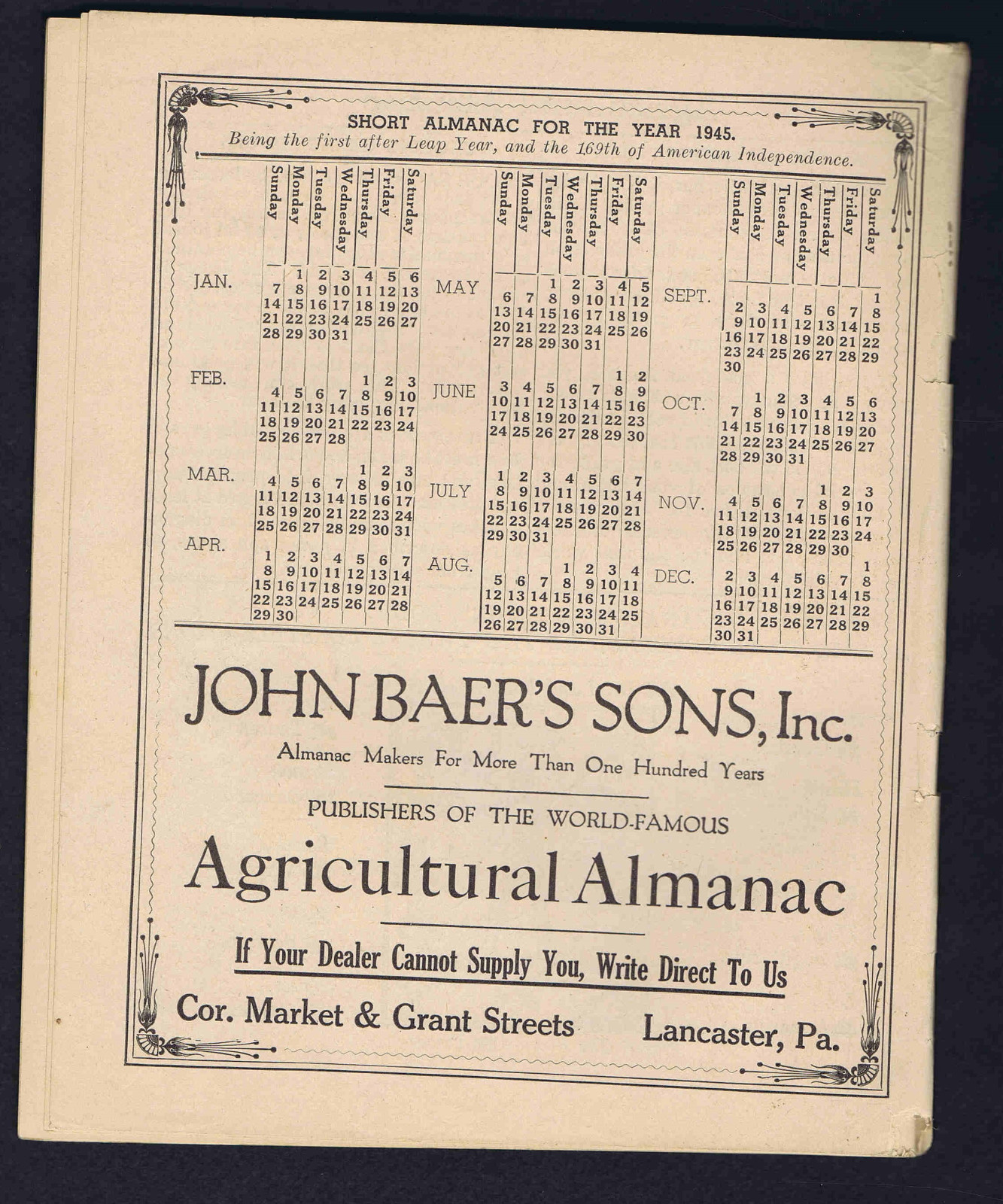 1945 John Baer’s Sons Agricultural Almanac Lancaster, PA – Vol 120