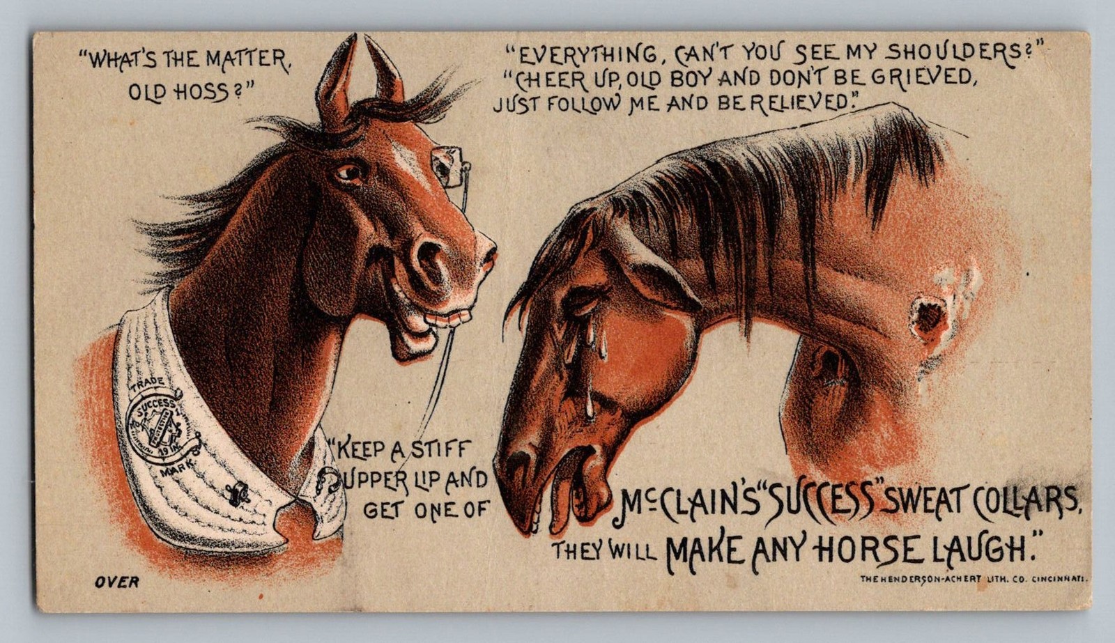 Antique McClain&rsquo;s Success Sweat Collars Horse Humor Trade Card Cincinnati Ad
