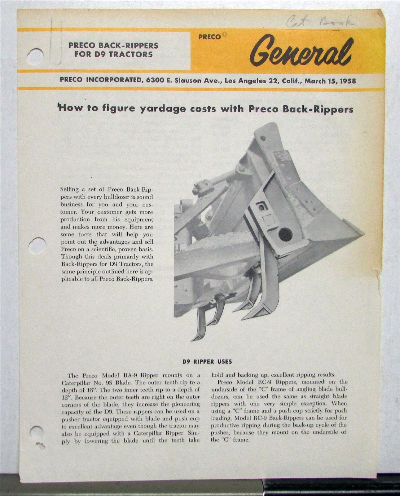 1958 Preco Back Ripper D9 Tractors Construction Sales Sheet