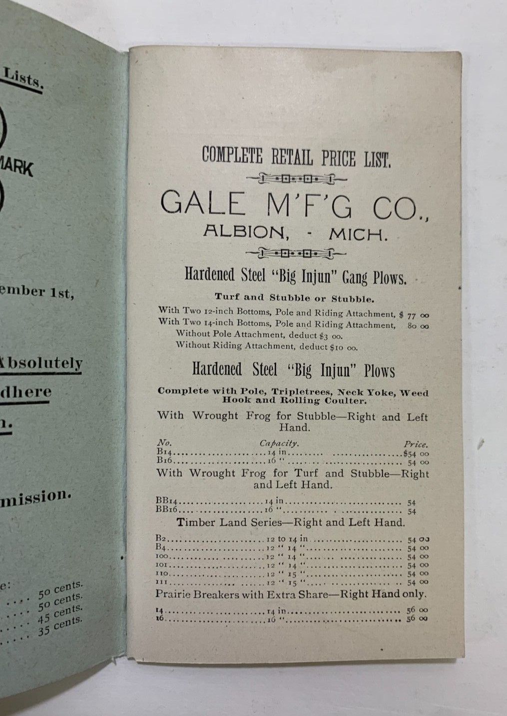 Price List GALE PLOWS Injun Series, Cultivators, Rades, Harrows. Albion, MI 1893