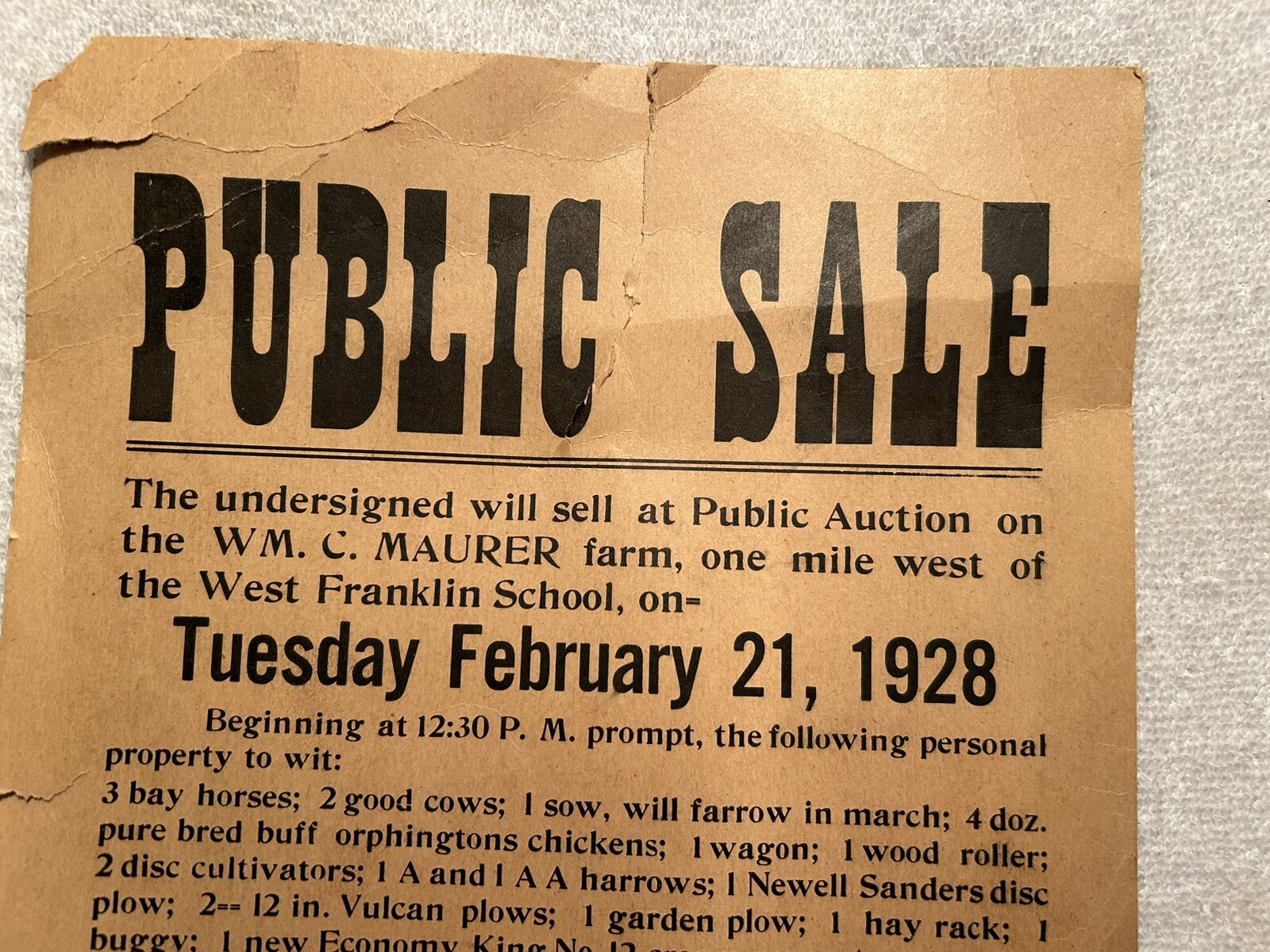 1928 Public Sale Sign Posey County IN Wm. C. Maurer Farm By Wm. Dietz Auctioneer