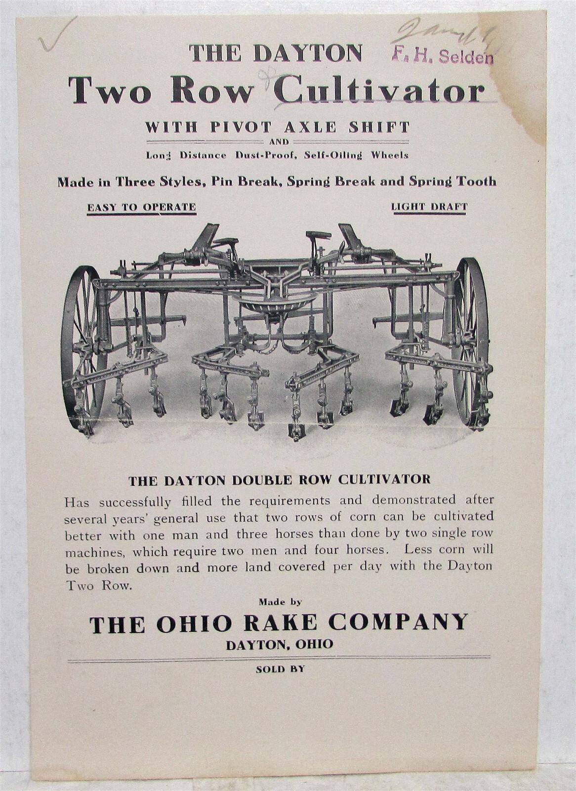 1910s Dayton Two Row Cultivator W/ Pivot Axle Shift Specs Farming Data Sheet