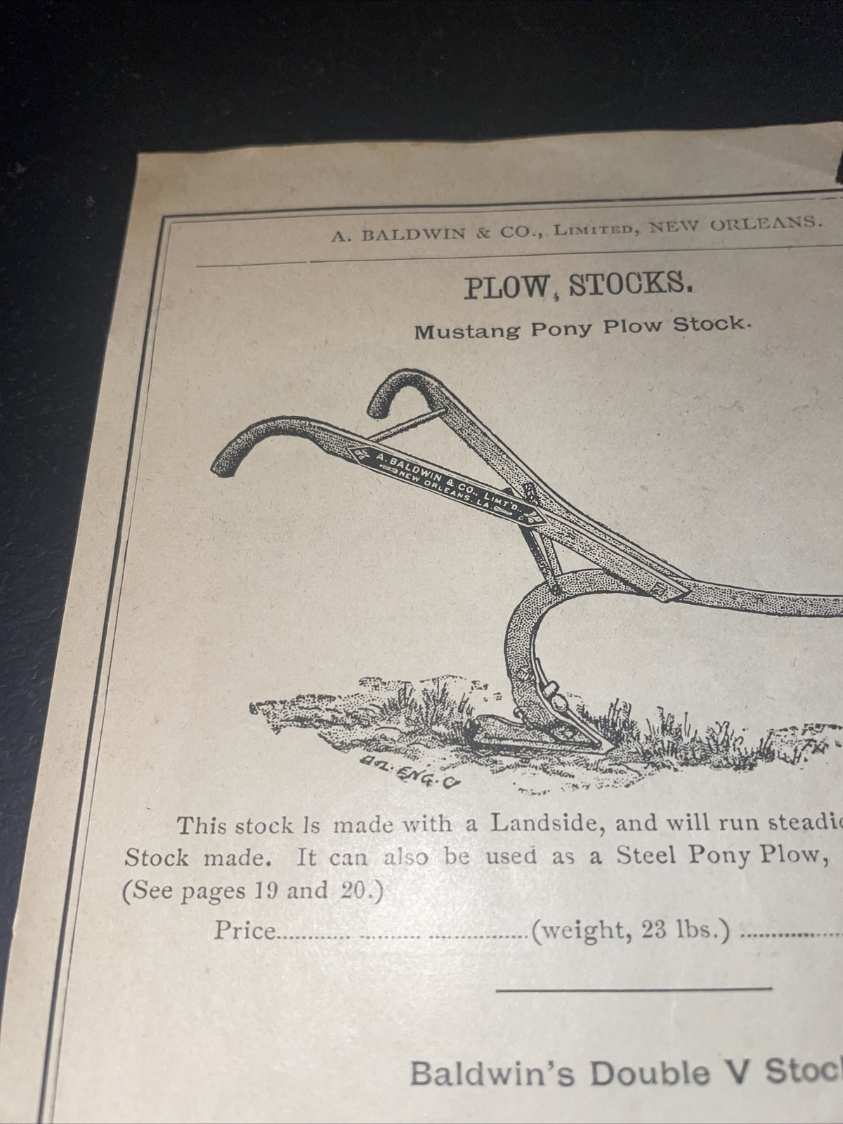 1891 Baldwin Mustang Pony Plow Farm Advertising – New Orleans – Louisiana