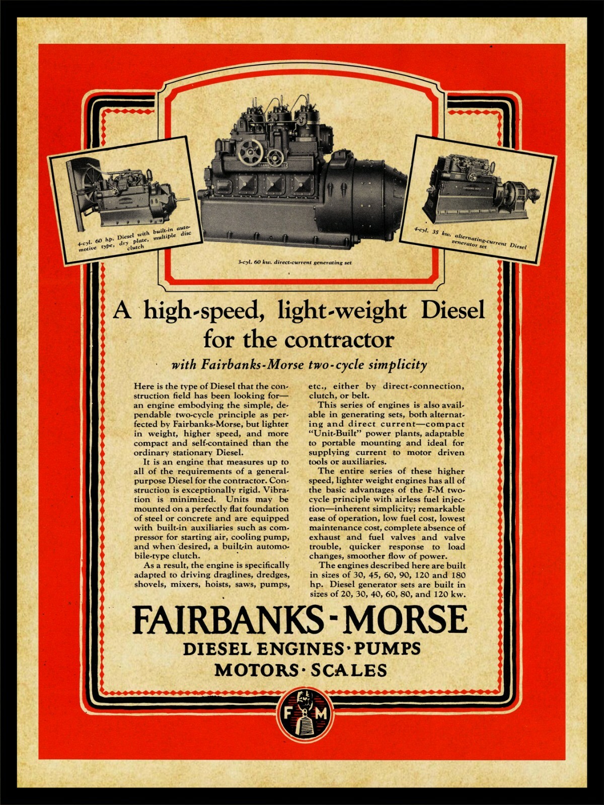 1927 Fairbanks Morse NEW Metal Sign: Diesel Engines for the Contactor
