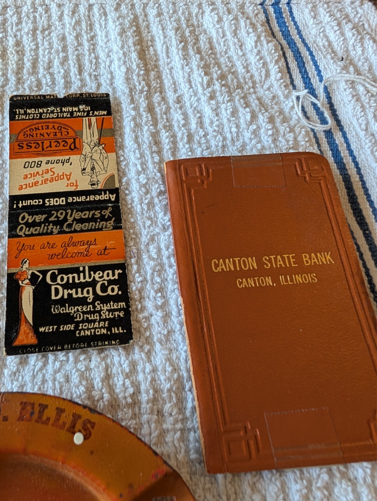 Canton, Ill.vintage advertising lot. thermometer, ashtray ,matchbox cover, moreu
