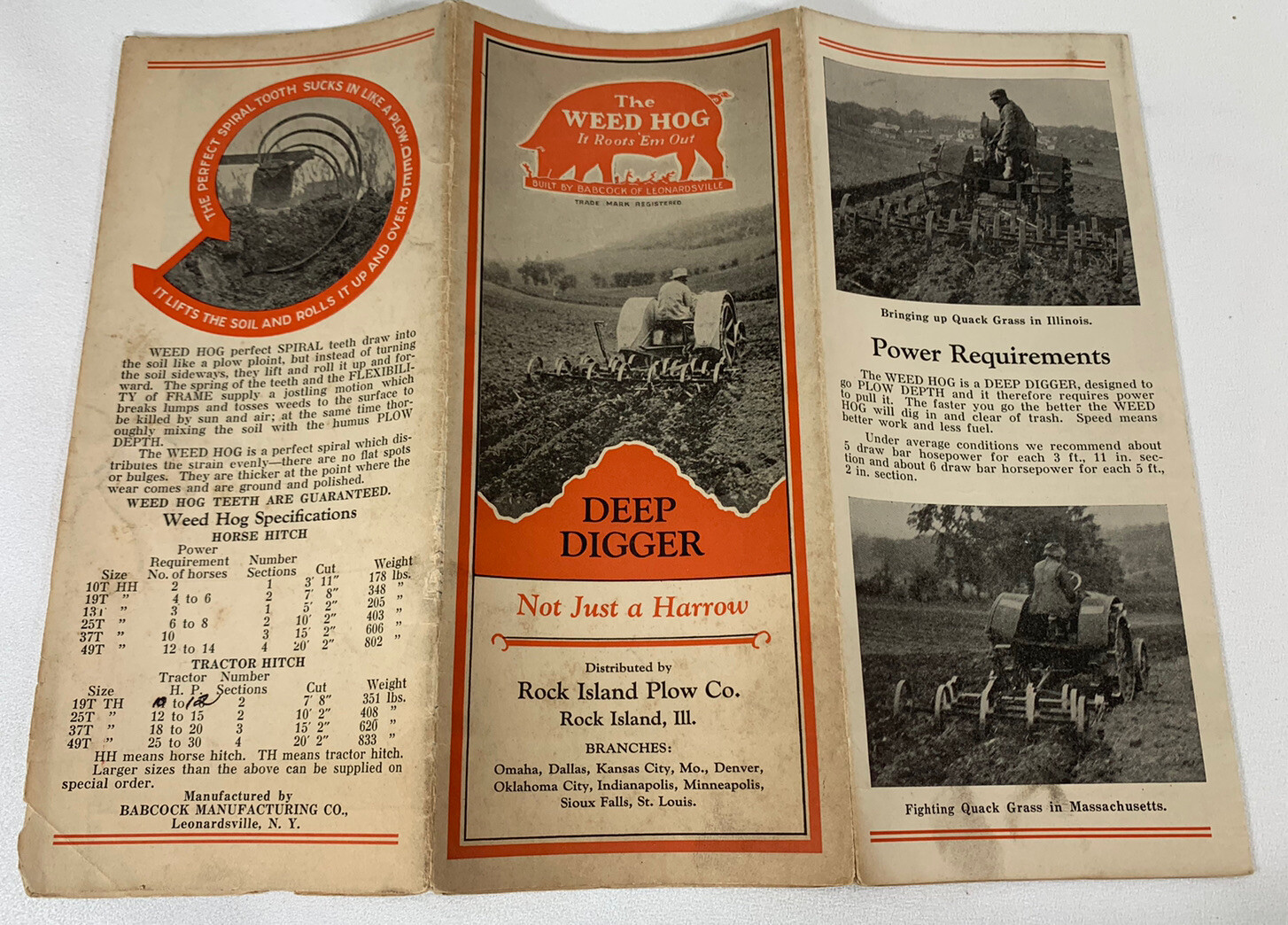 VINTAGE WEED HOG Pamphlet Fold Out Rock Island ILL Plow Co Advertising Harrow