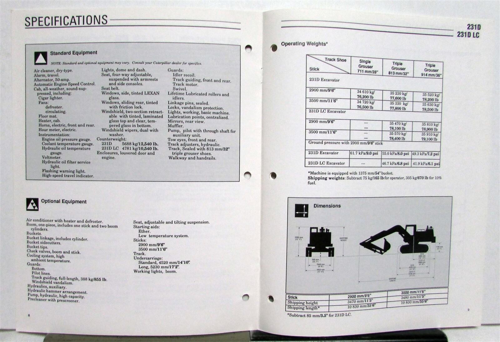 1989 CAT 231D 231DLC Excavator Construction Specifications Sales Brochure