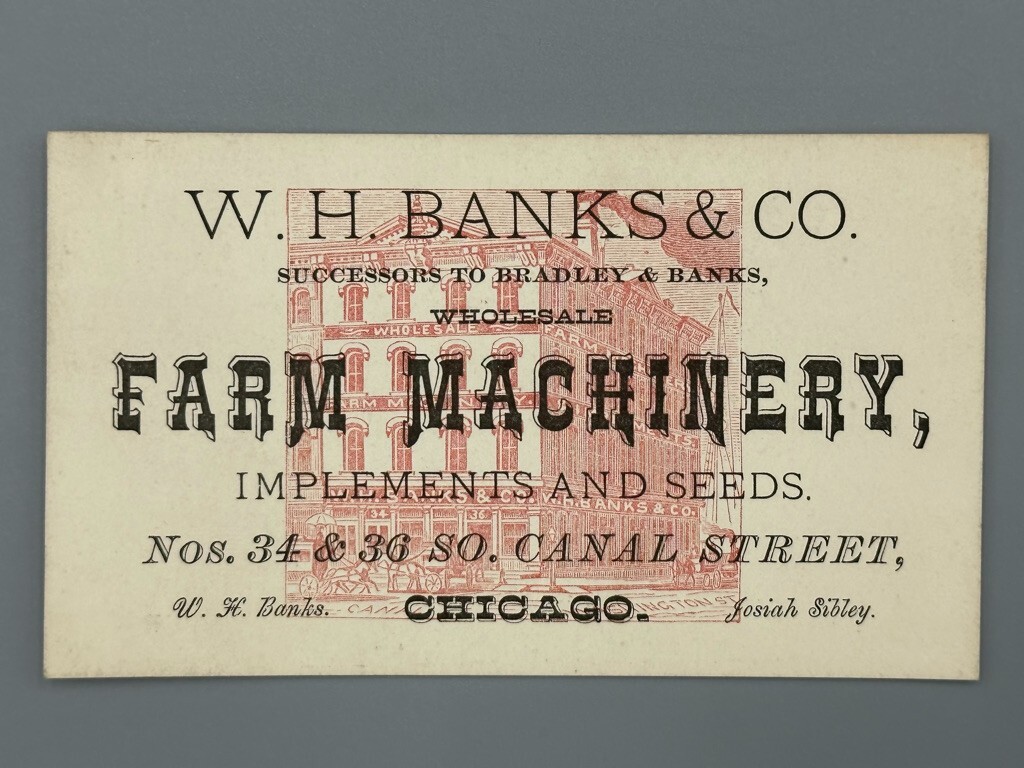 c 1900 W H Banks FARM MACHINERY Implements SEEDS Antique FARM Advertising Card