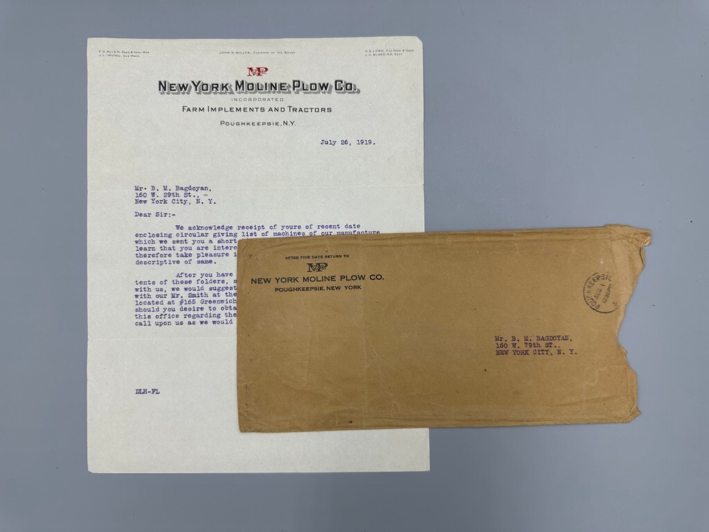 1919 NEW YORK MOLINE PLOW Co FARM Advertising Letter & Envelope
