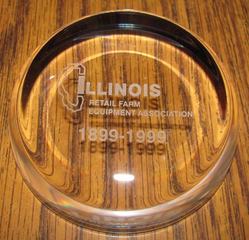 Illinois Retail Farm Equipment Association 1899-1999 Glass Paperweight Deere IH