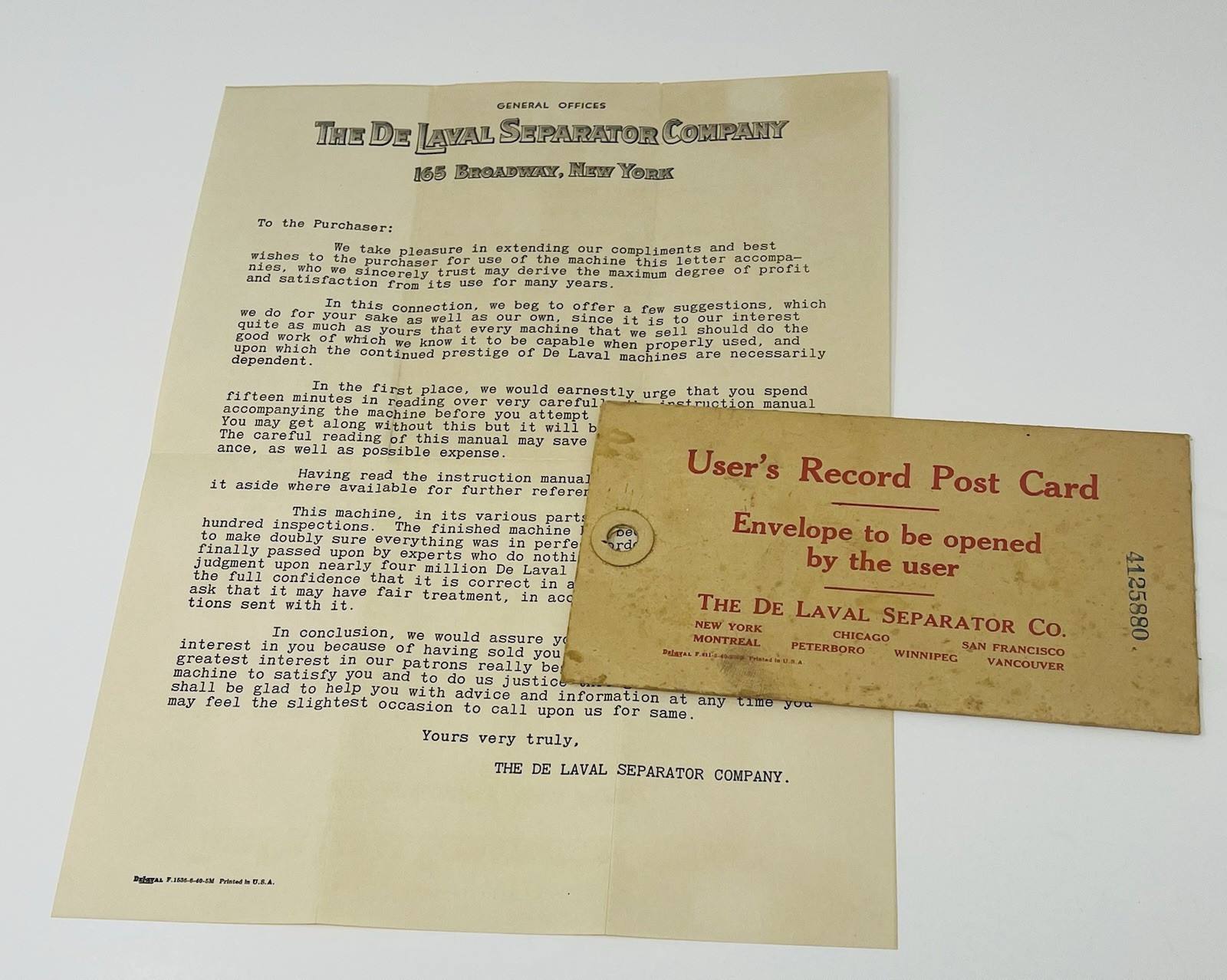 1940 The De Laval Separator Users Owners Letter Envelope