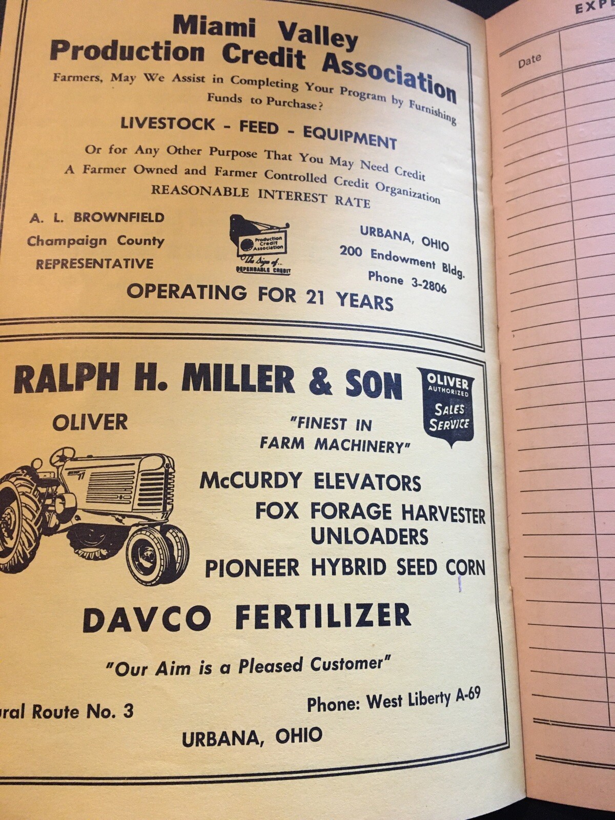 1954 URBANA OHIO FARM ACCOUNT BOOK-LOTS OF ADVERTISING