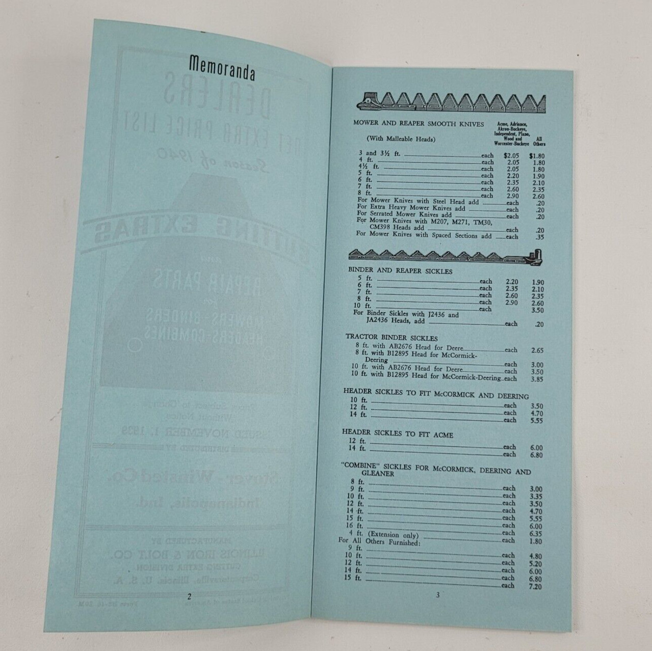1939 Illinois Iron & Bolt Co. Cutting Extras Repair Parts Price List Mowers