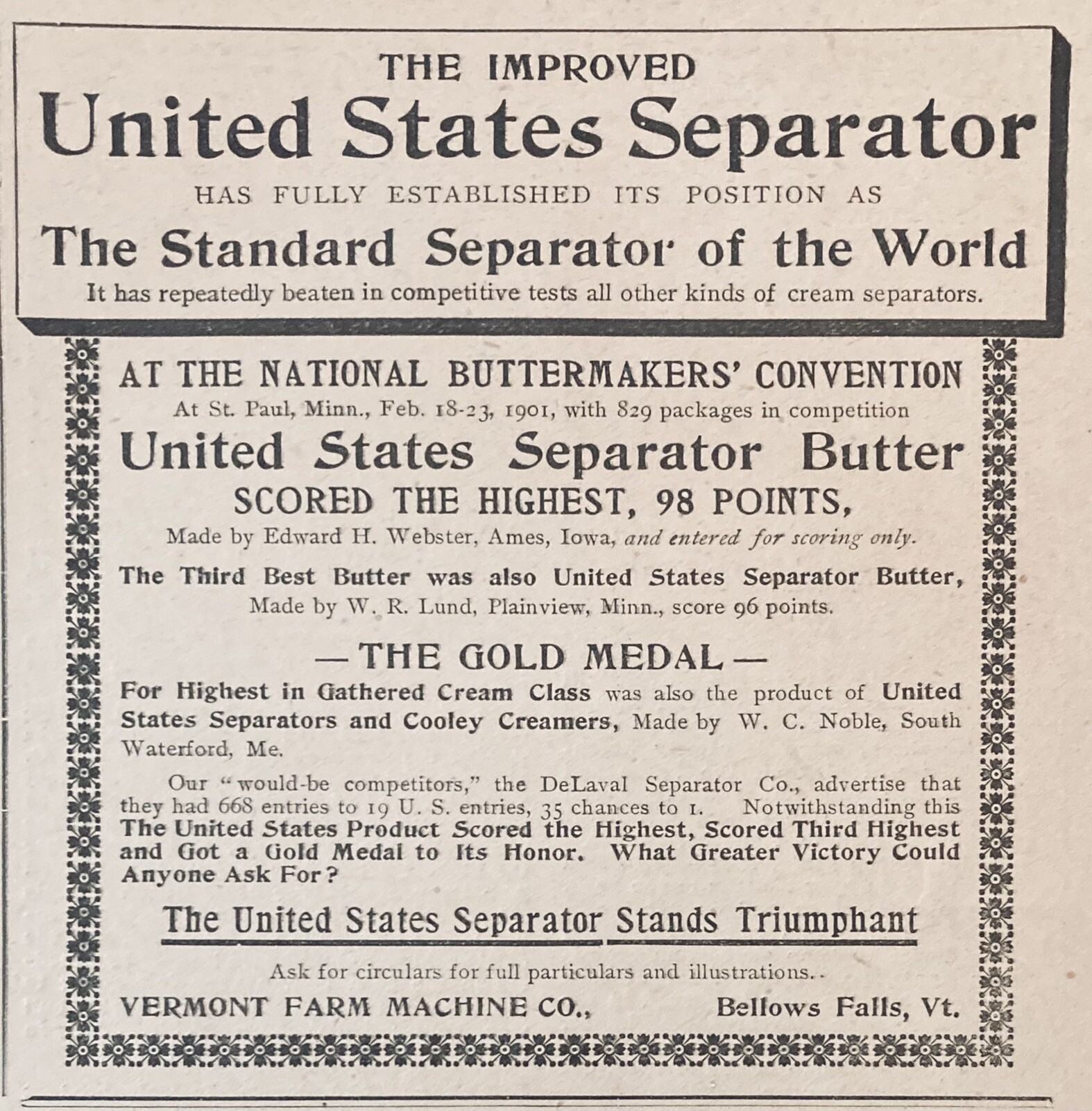 1901 AD.(XH11)~VERMONT FARM MACHINE CO. BELLOWS FALLS, VT. U.S. BUTTER SEPARATOR