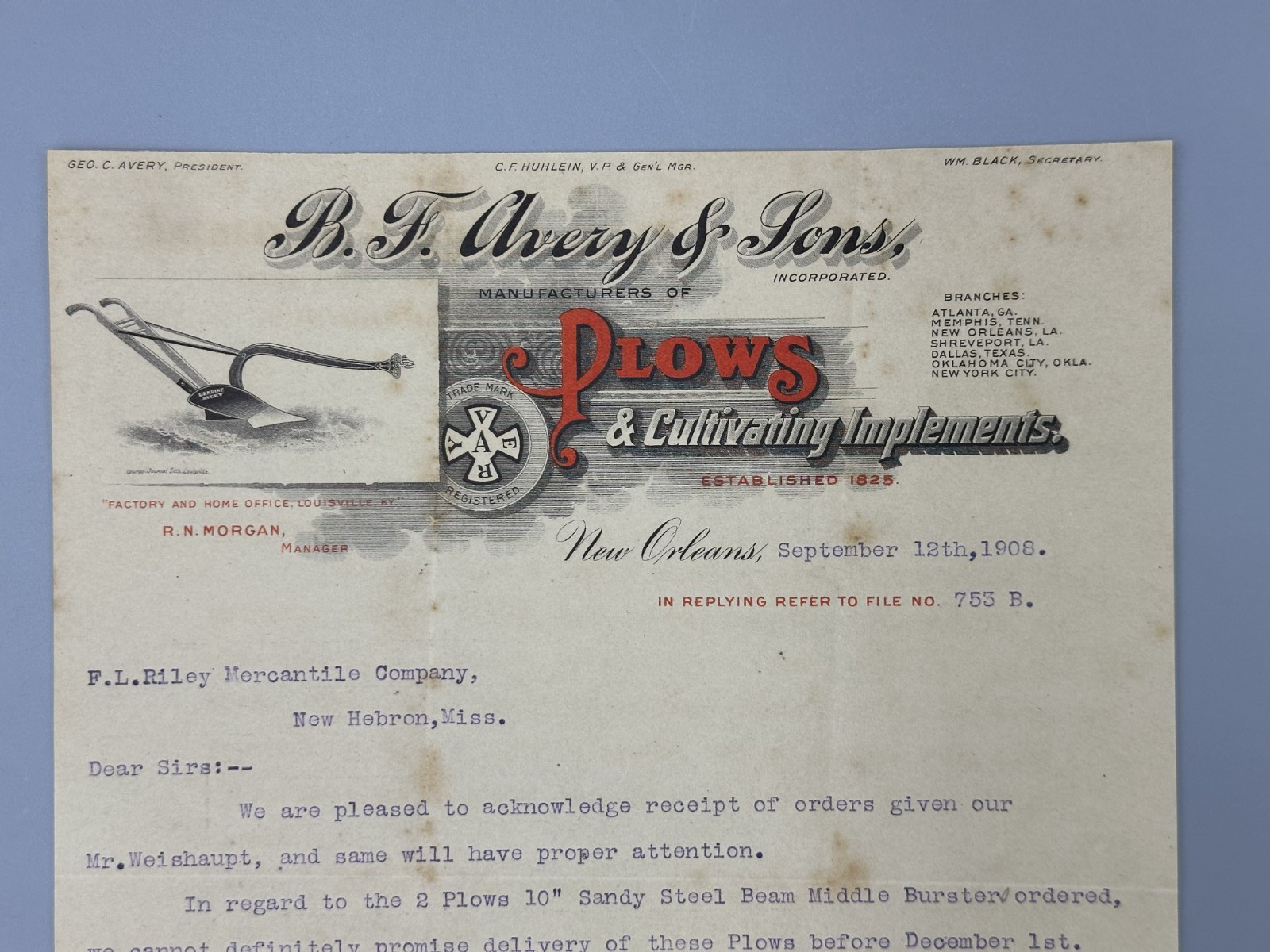 1908 B F AVERY & Sons PLOWS Letter FARM Advertising NEW ORLEANS 2-Page