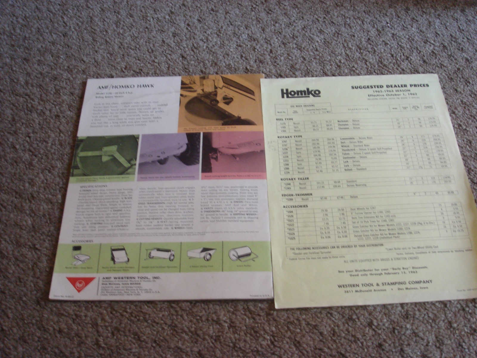 VINTAGE HOMKO 1962-1963 LAWN MOWER TRACTOR TILLER DEALER SALES BROCHURE LOT #1