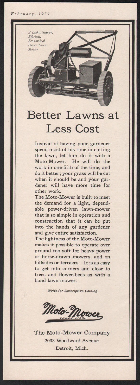 1921 MOTO MOWER LAWN GRASS GARDNER MOTOR ENGINE PUSH POWER DETROIT 20205