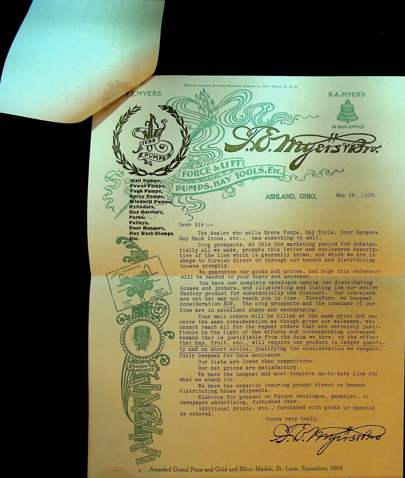 FE Myers 1908 Letterhead Force & Lift Pumps Hay Tools Ashland Ohio Agriculture