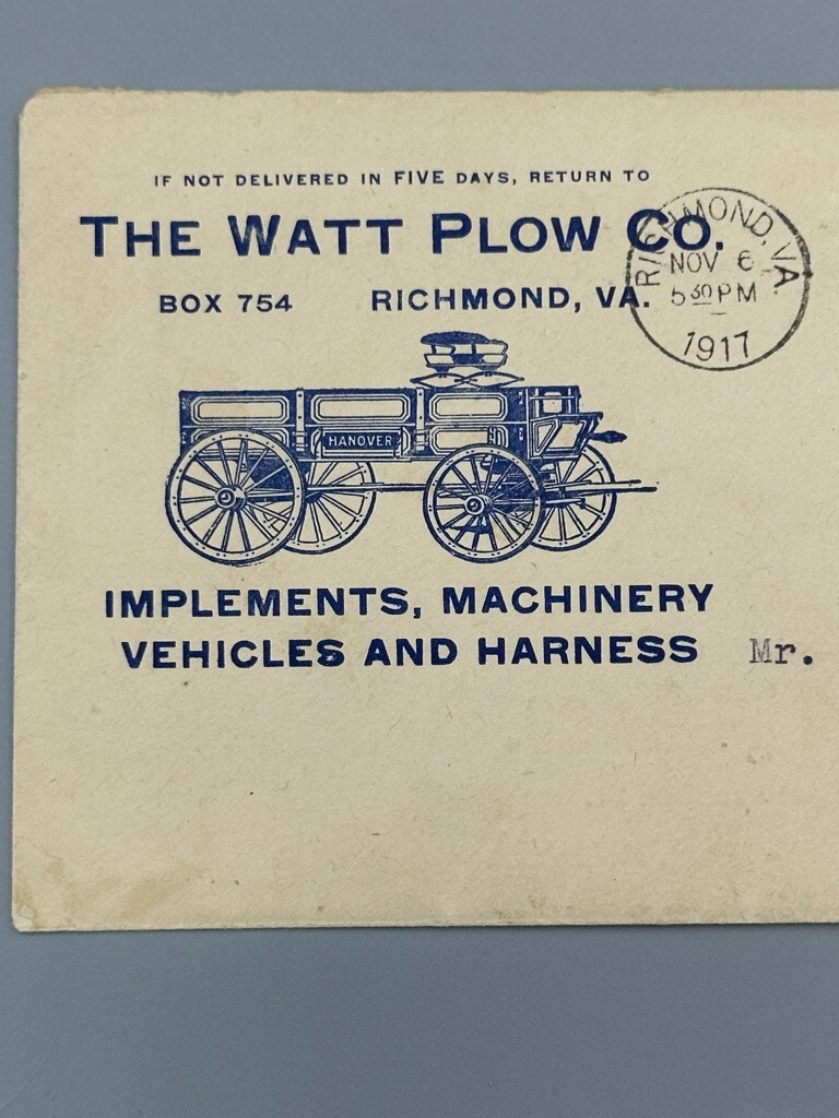 1917 JOHN DEERE Postal Cover HANOVER WAGON Farm Advertise WATT PLOW Richmond VA