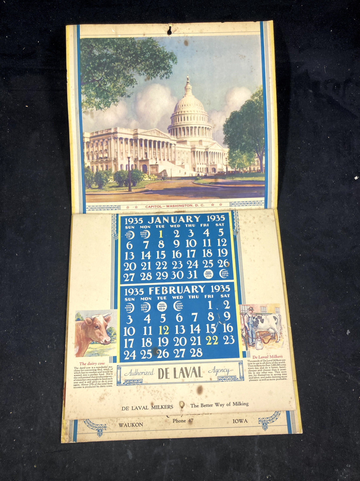 1935 DE LAVAL MILKERS & CREAM SEPARATORS NEW YEARS GREETINGS ADVERTISIN CALENDAR