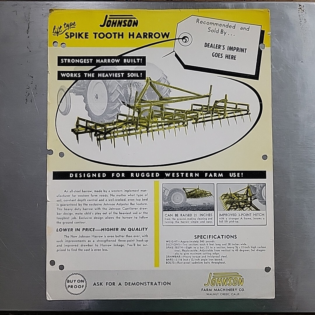 Vintage 1950s Johnson 3 Point Spike Tooth Harrow Farm Sales Brochure